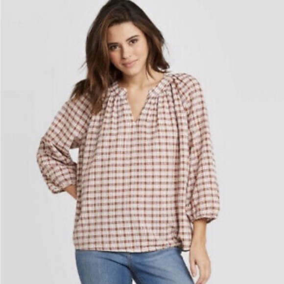 Universal Thread Brown Fall Plaid V-Neck Blouse - Picture 1 of 3